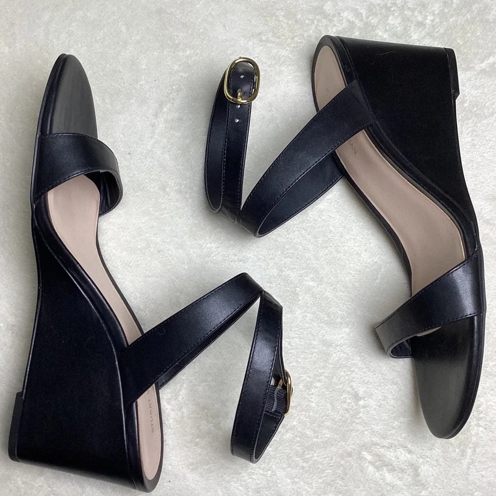 Stuart Weitzman Black Leather Wedge Sandals Ankle Strap SD753120 Women's US 9B